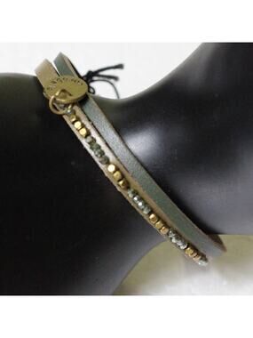 Anthropologie X Cocobelle Green Leather Gold Beaded Bracelet ~ NEW